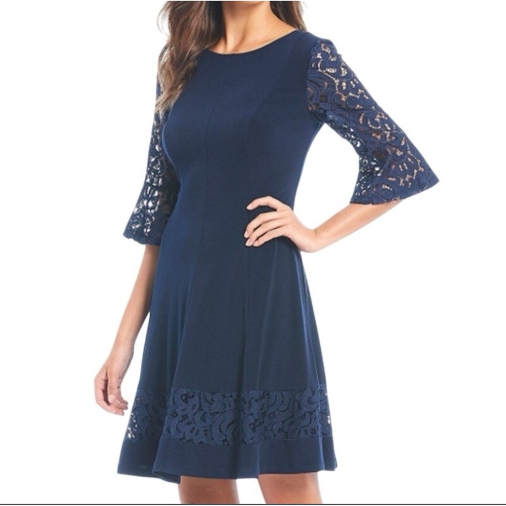 J. Howard Navy Blue Lace Sleeve Fit and Flare Dress Women's Size 12 NWT